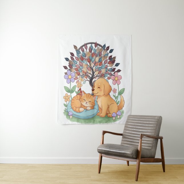 Whimsical Dog & Cat Tapestry – Colorful Nature Wal (In Situ)