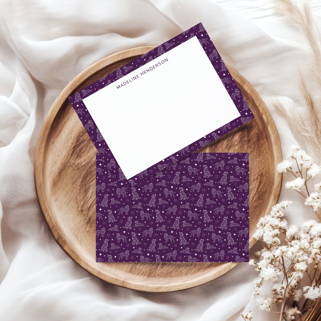 Whimsical Dog Constellations Plum Purple Monogram Note Card (Creator Uploaded)