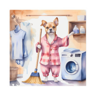 Whimsical Dog in Pajamas Doing Laundry Metal Print