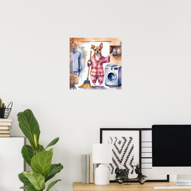 Whimsical Dog in Pajamas Doing Laundry  Poster (Home Office)