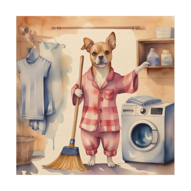 Whimsical Dog in Pajamas Doing Laundry  Wood Wall Art (Front)