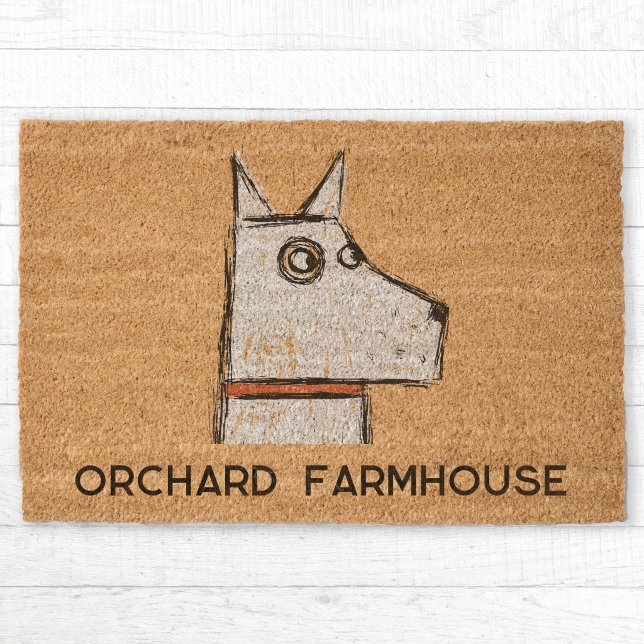 Whimsical Dog Personalized Name Fiber Doormat (Fun dog house or family name personalized fiber coir doormat)
