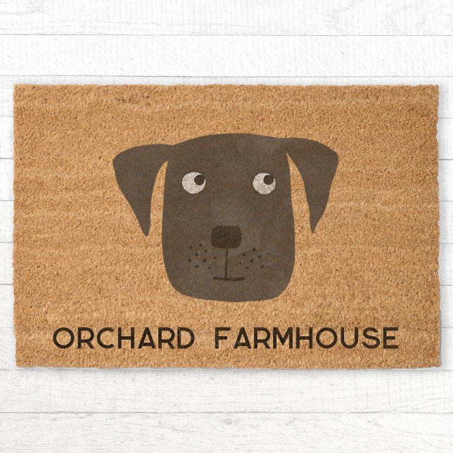 Whimsical Dog Personalized Name Fiber Doormat (Fun brown or black dog personalized house or family name fiber doormat)