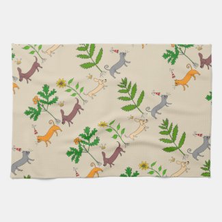 Whimsical Dogs Cats and Plants Kitchen Towel