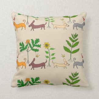 Whimsical Dogs Cats and Plants Throw Pillow