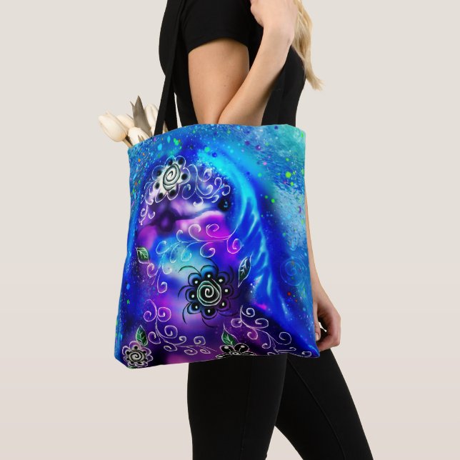 Whimsical Dolphin Blue Teal Coastal Nautical Tote Bag (Close Up)