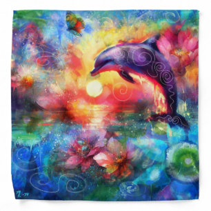 Whimsical Dolphin Coastal Nautical Floral Teal Bandana
