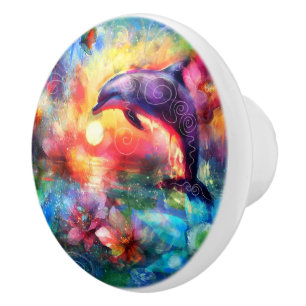 Whimsical Dolphin Coastal Nautical Floral Teal Ceramic Knob