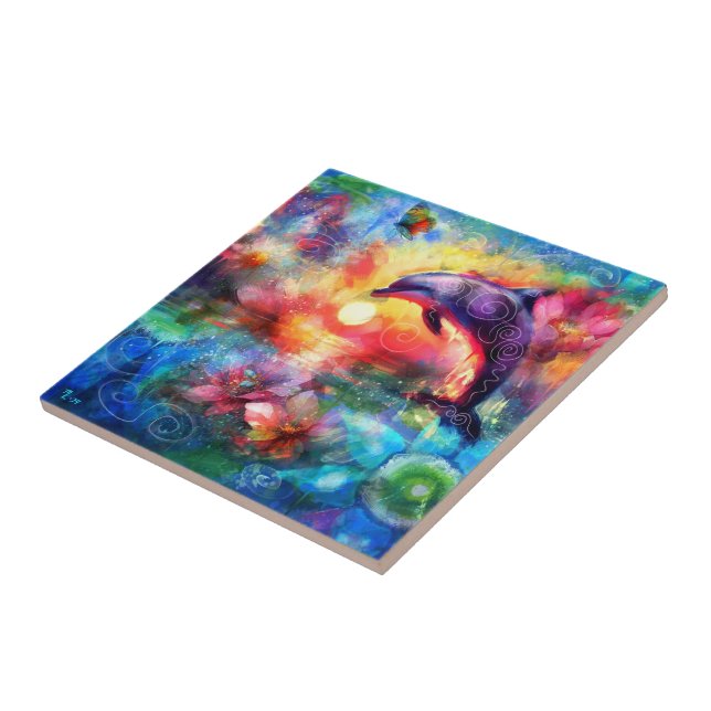 Whimsical Dolphin Coastal Nautical Floral Teal Ceramic Tile (Side)