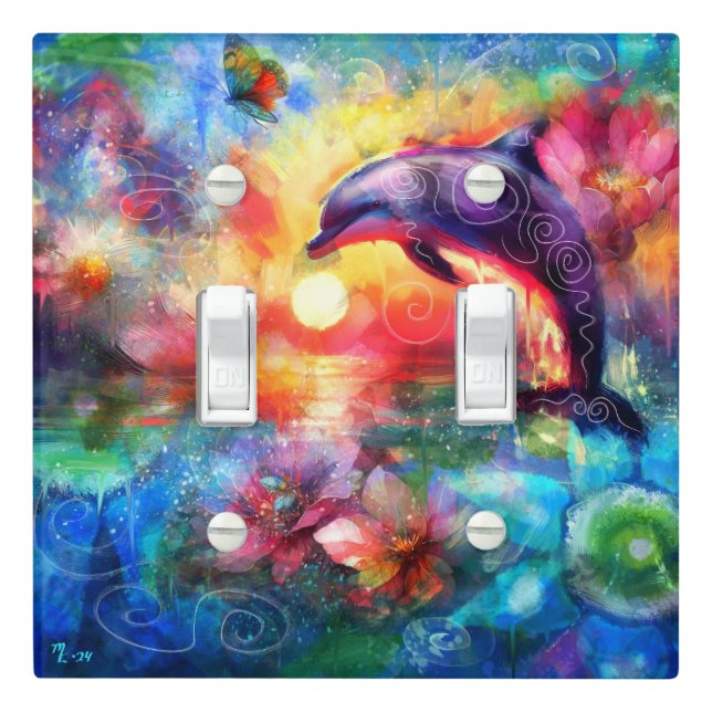 Whimsical Dolphin Coastal Nautical Floral Teal Light Switch Cover (In Situ)