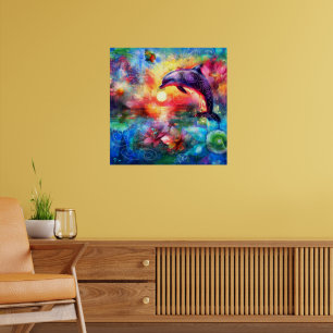 Whimsical Dolphin Coastal Nautical Floral Teal Poster