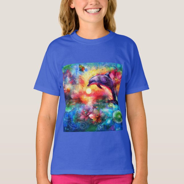 Whimsical Dolphin Coastal Nautical Floral Teal T-Shirt (Front)