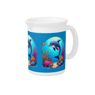 Whimsical Dolphin in Vibrant Coral Reef Beverage Pitcher