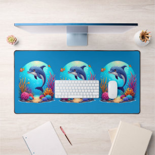 Whimsical Dolphin in Vibrant Coral Reef Desk Mat