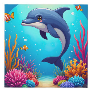 Whimsical Dolphin in Vibrant Coral Reef Faux Canvas Print