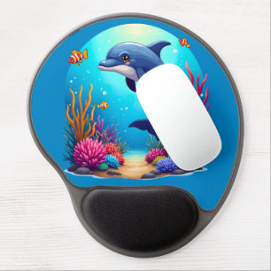 Whimsical Dolphin in Vibrant Coral Reef Gel Mouse Pad