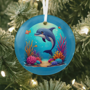 Whimsical Dolphin in Vibrant Coral Reef Glass Ornament