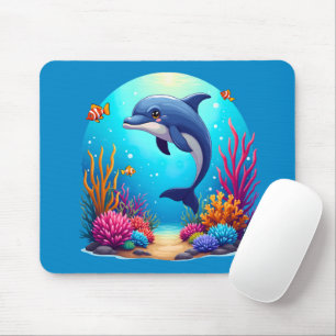 Whimsical Dolphin in Vibrant Coral Reef Mouse Pad