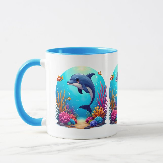 Whimsical Dolphin in Vibrant Coral Reef Mug (Left)