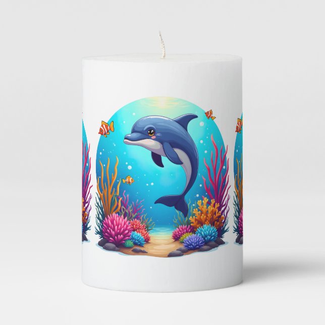 Whimsical Dolphin in Vibrant Coral Reef Pillar Candle (Front)