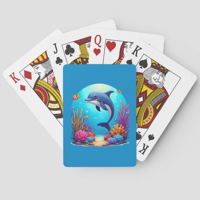 Whimsical Dolphin in Vibrant Coral Reef Poker Cards (Back)