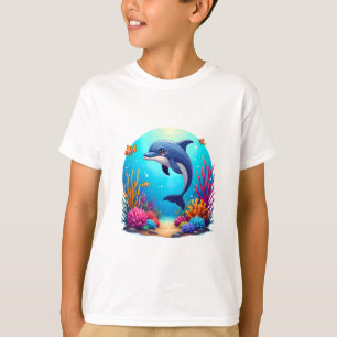 Whimsical Dolphin in Vibrant Coral Reef T-Shirt