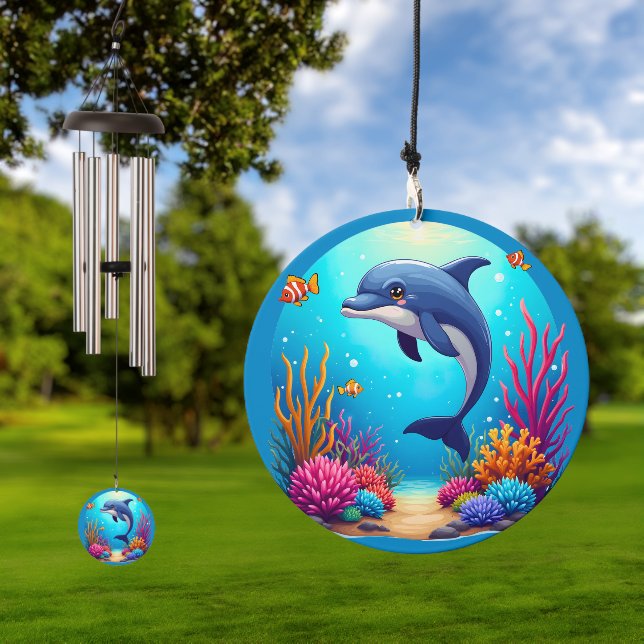 Whimsical Dolphin in Vibrant Coral Reef Wind Chime (Outdoor)