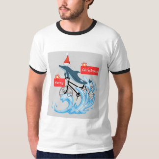 Whimsical Dolphin on bicycle Merry Christmas Tee" T-Shirt