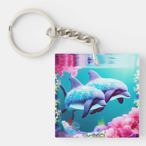 Whimsical Dolphins and Floral Underwater       Keychain