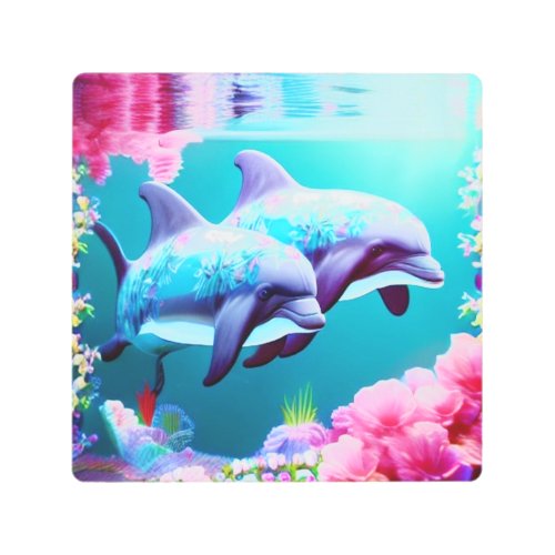 Whimsical Dolphins and Floral Underwater       Metal Print