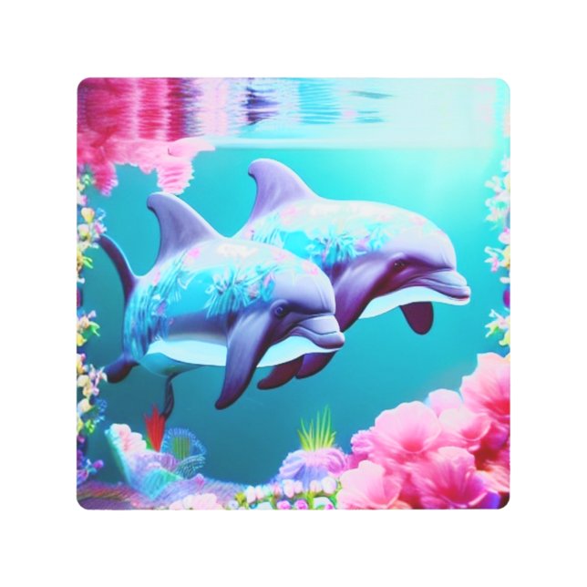 Whimsical Dolphins and Floral Underwater       Metal Print (Front)