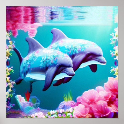Whimsical Dolphins and Floral Underwater       Poster