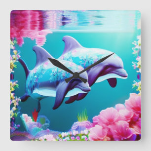 Whimsical Dolphins and Floral Underwater Square Wall Clock