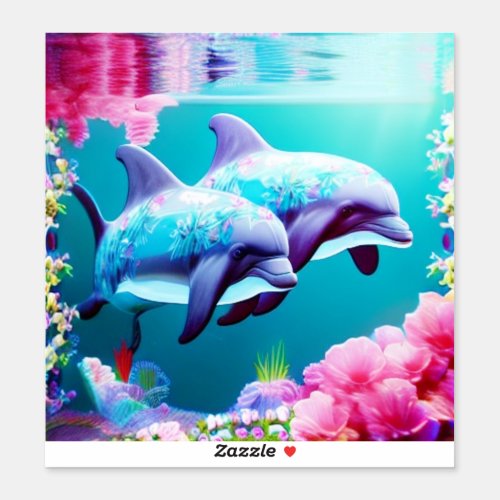 Whimsical Dolphins and Floral Underwater       Sticker