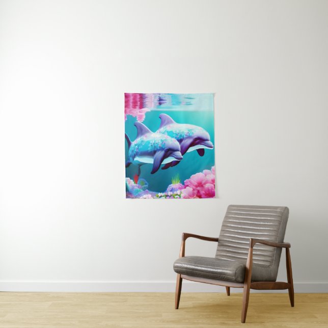 Whimsical Dolphins and Floral Underwater       Tapestry (In Situ)