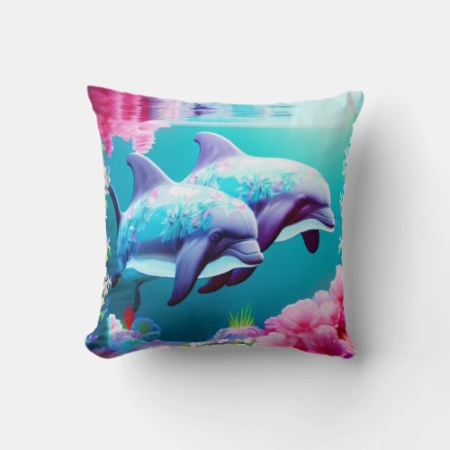 Whimsical Dolphins and Floral Underwater       Throw Pillow