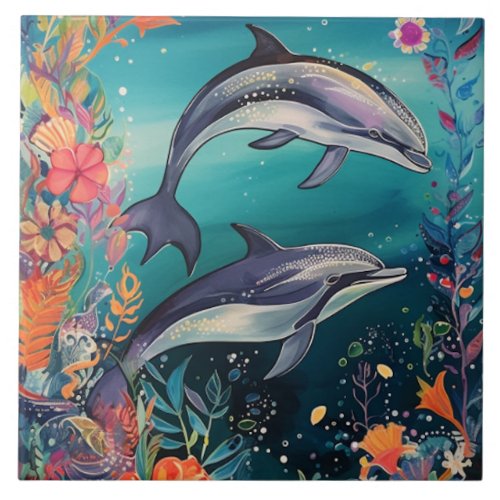 Whimsical Dolphins and Floral Underwater Tile 