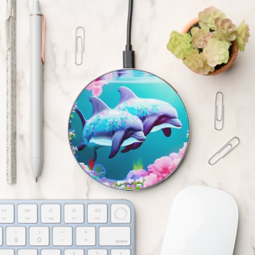 Whimsical Dolphins and Floral Underwater       Wireless Charger