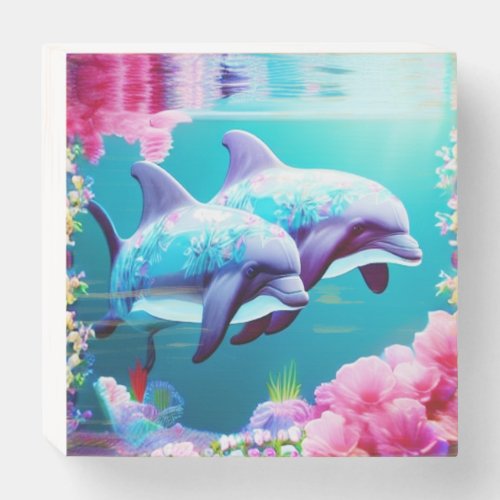 Whimsical Dolphins and Floral Underwater       Wooden Box Sign