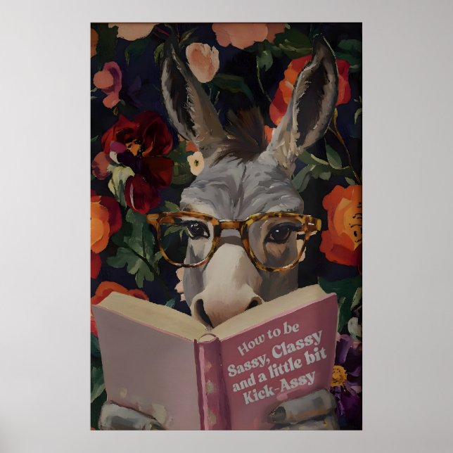 Whimsical Donkey Reading Book Art Print - Funny (Front)