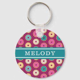 Whimsical Donut Pattern on Purple Keychain