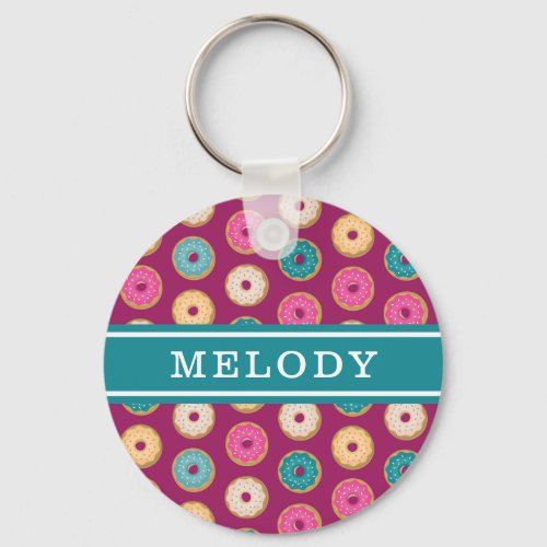 Whimsical Donut Pattern on Purple Keychain