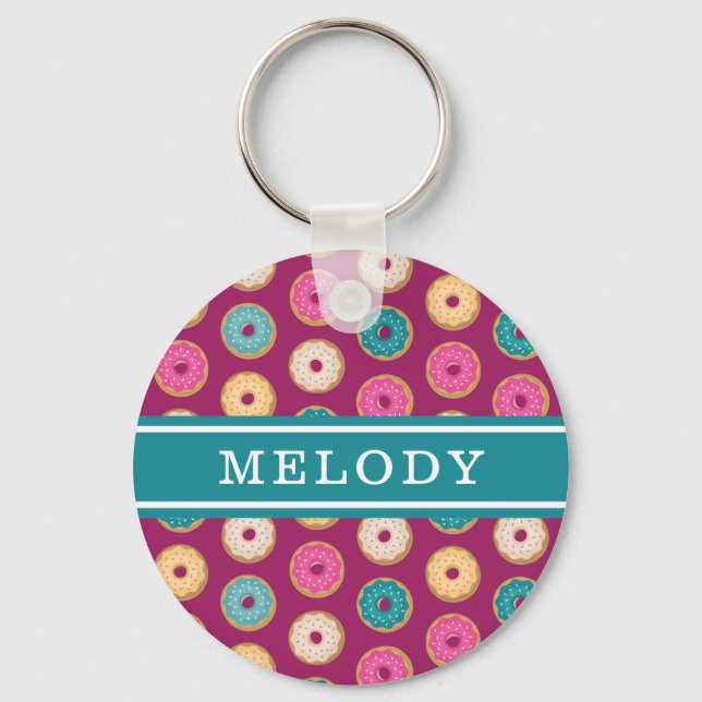 Whimsical Donut Pattern on Purple Keychain (Front)
