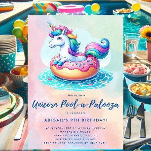 Whimsical Donut Rainbow Unicorn Pool Party Invitation
