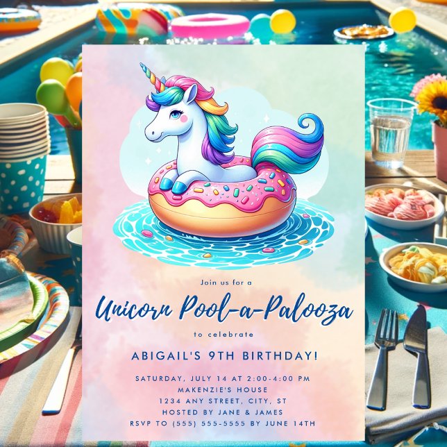 Whimsical Donut Rainbow Unicorn Pool Party Invitation (Unicorn pool party birthday invitation.)