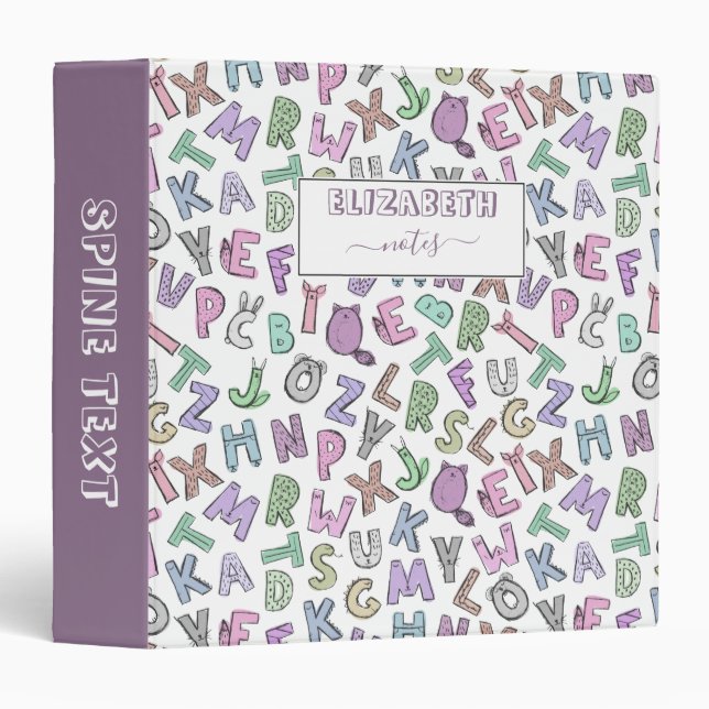 Whimsical doodle alphabet letters 3 ring binder (Front/Spine)