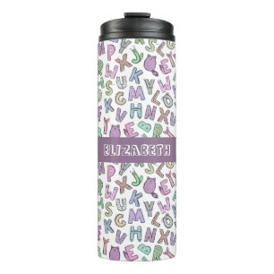 Whimsical doodle alphabet letters thermal tumbler