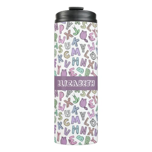 Whimsical doodle alphabet letters thermal tumbler