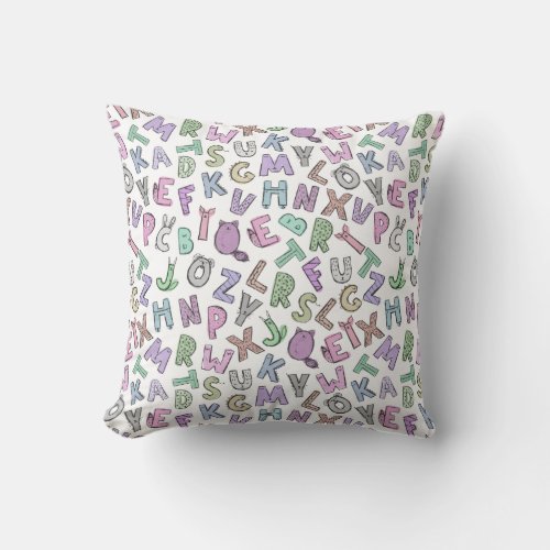 Whimsical doodle alphabet letters throw pillow