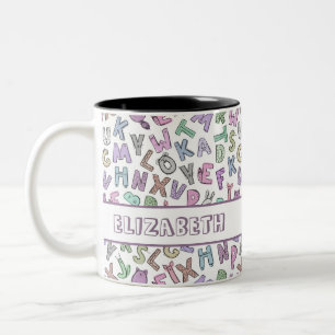 Whimsical doodle alphabet letters Two-Tone coffee mug